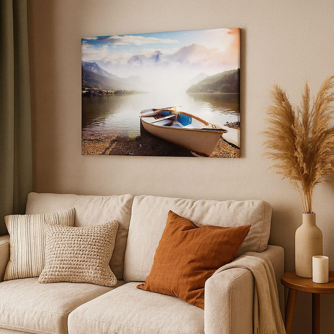Bilder auf Leinwand 100x70cm Leinwandbild mit Rahmen Berge See Boot Gross Wanddeko Bild Schlafzimmer