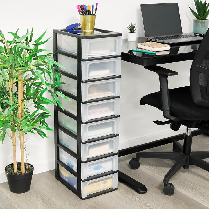Iris Ohyama, Kunststoff Schubladenbox mit 8 flachen Schubladen, Schwarz, Easy-Pull-System, A4, A5 &