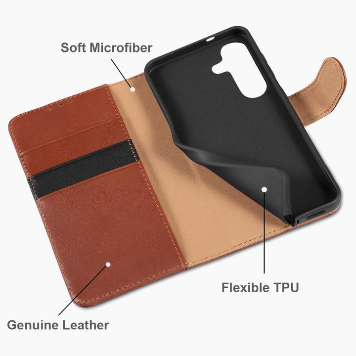 LENSUN Hülle für Samsung Galaxy S25 Echtleder, Handyhülle [Echtes Leder] [Standfunktion] [RFID Schut