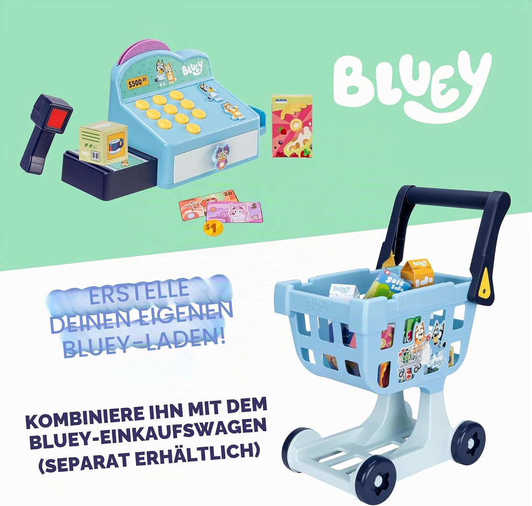 Bluey – Kasse. Drücke auf die Knöpfe, um Pieptöne, Geräusche und Sätze von Bluey und Bingo abzuspiel