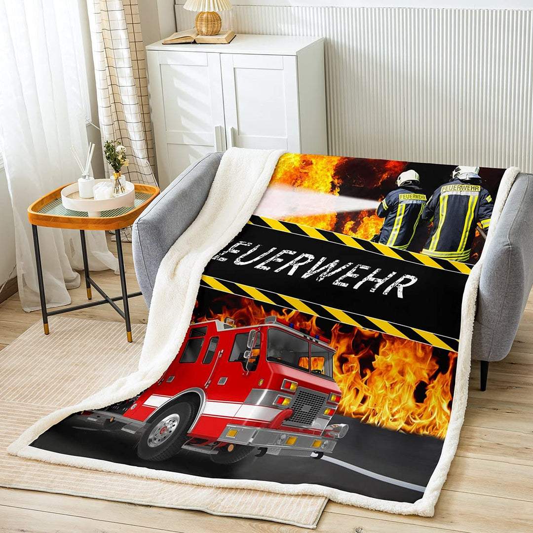 Loussiesd Feuerwehr Thema Kuscheldecke Feuerwehrwagen Decke 130x150cm für Jungen Kinder Jugendliche