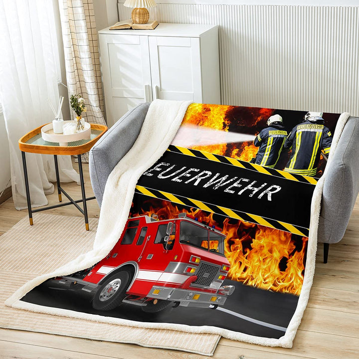 Loussiesd Feuerwehr Thema Kuscheldecke Feuerwehrwagen Decke 130x150cm für Jungen Kinder Jugendliche