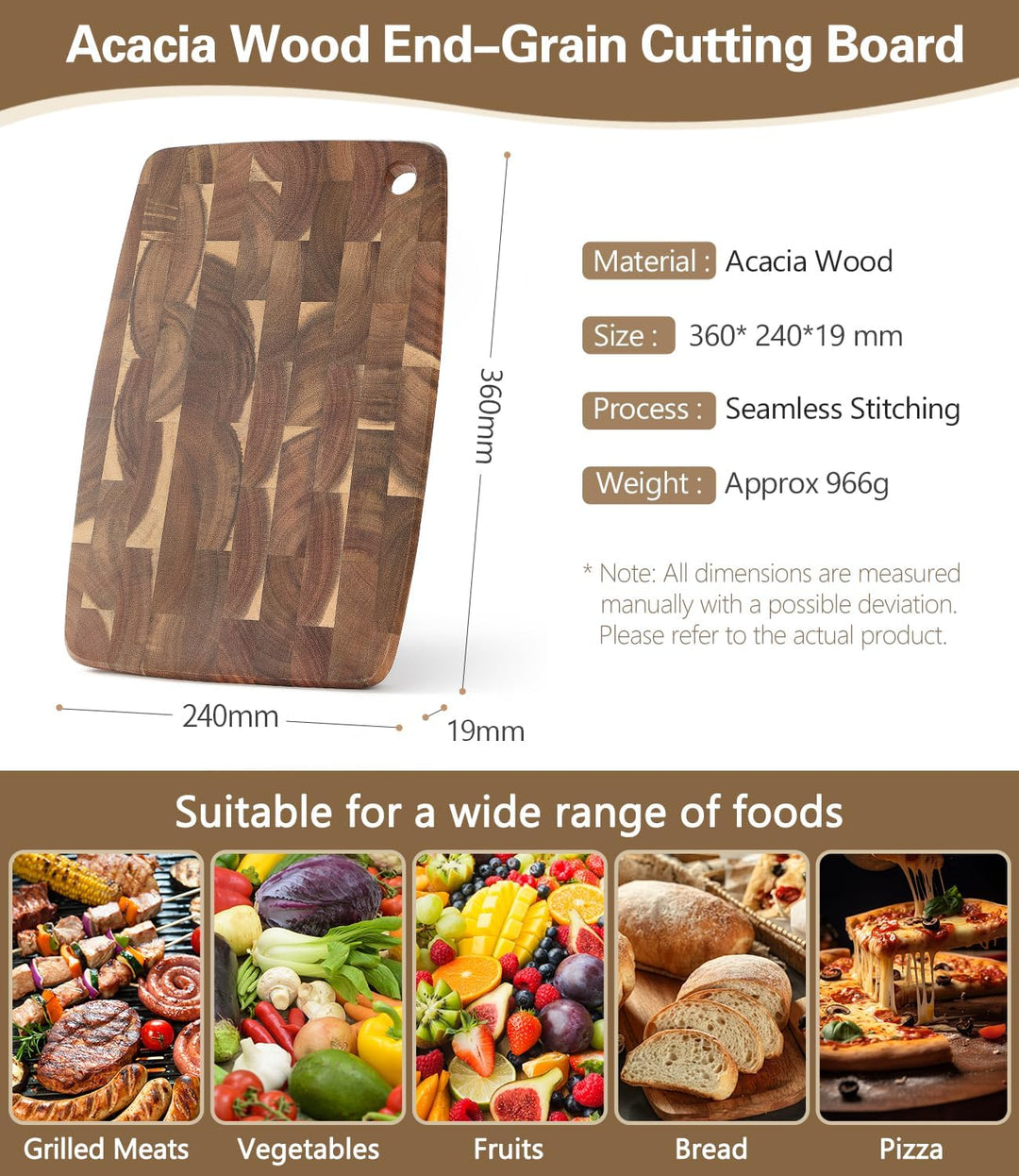 XINZUO Akazienholz Hirnholz-Schneidebrett 36 * 24 * 1,9cm Holzbrett Küche Hackbretter, Aufschnittbre