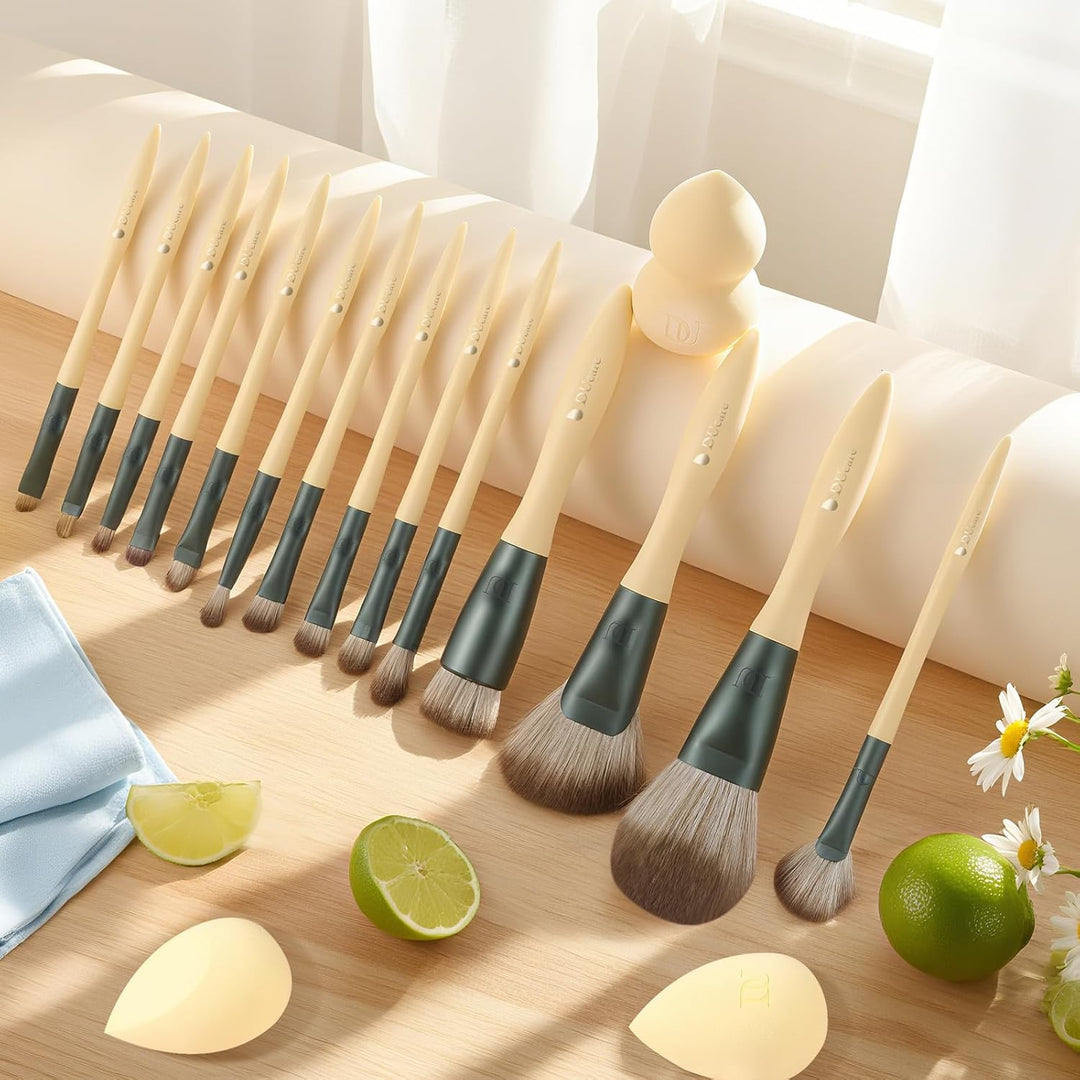 DUcare Make up Pinsel Set 14 Stücke mit 3 Make up Schwämmen und Kosmetiktasche – Limetten-Serie Prem