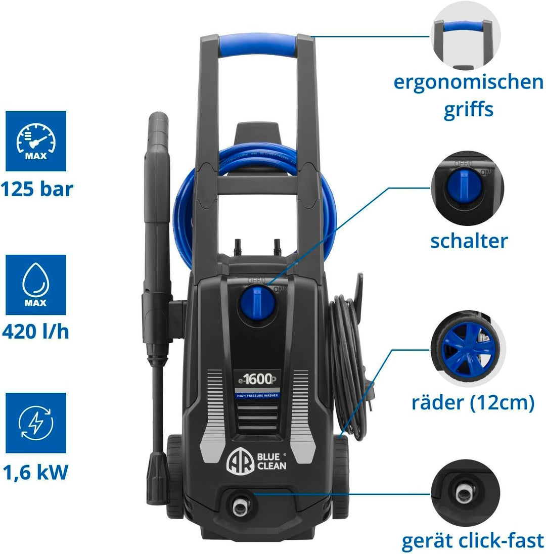 AR Blue Clean Hochdruckreiniger e-1600P mit Patio Cleaner und Feste Bürste (1600 W, 125 bar, 420 l/h