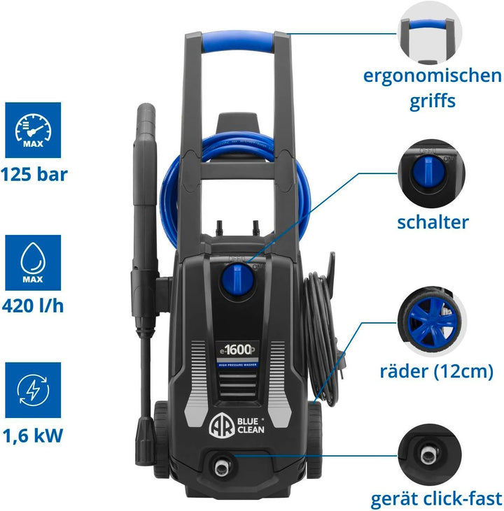 AR Blue Clean Hochdruckreiniger e-1600P mit Patio Cleaner und Feste Bürste (1600 W, 125 bar, 420 l/h