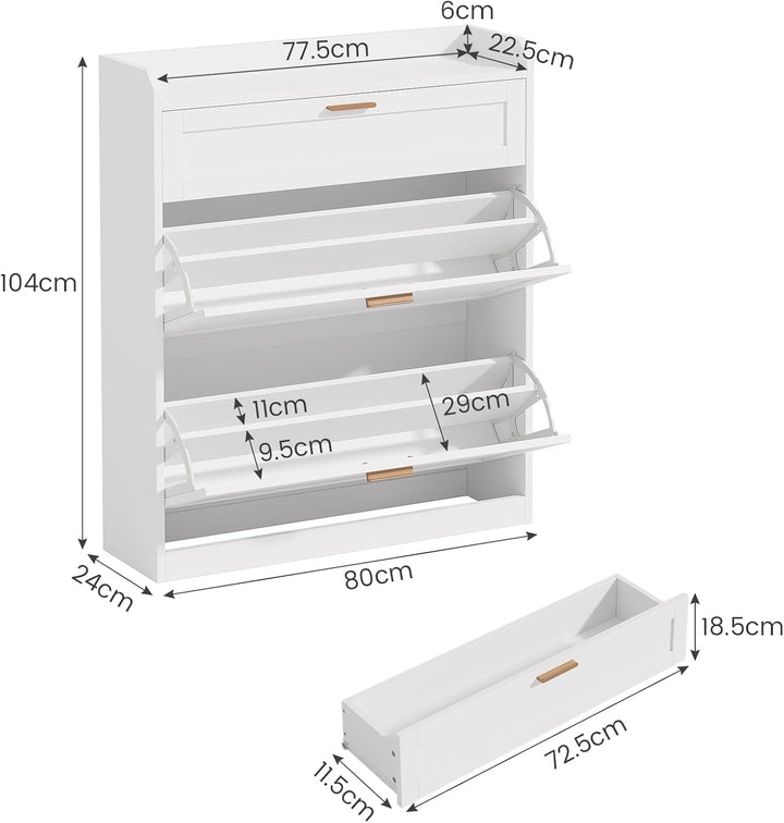 Schuhschrank mit 2 Klappen, Schublade, Schuhkipper Schmal, Trennwand Verstellbar, für 12-16 Paar Sch