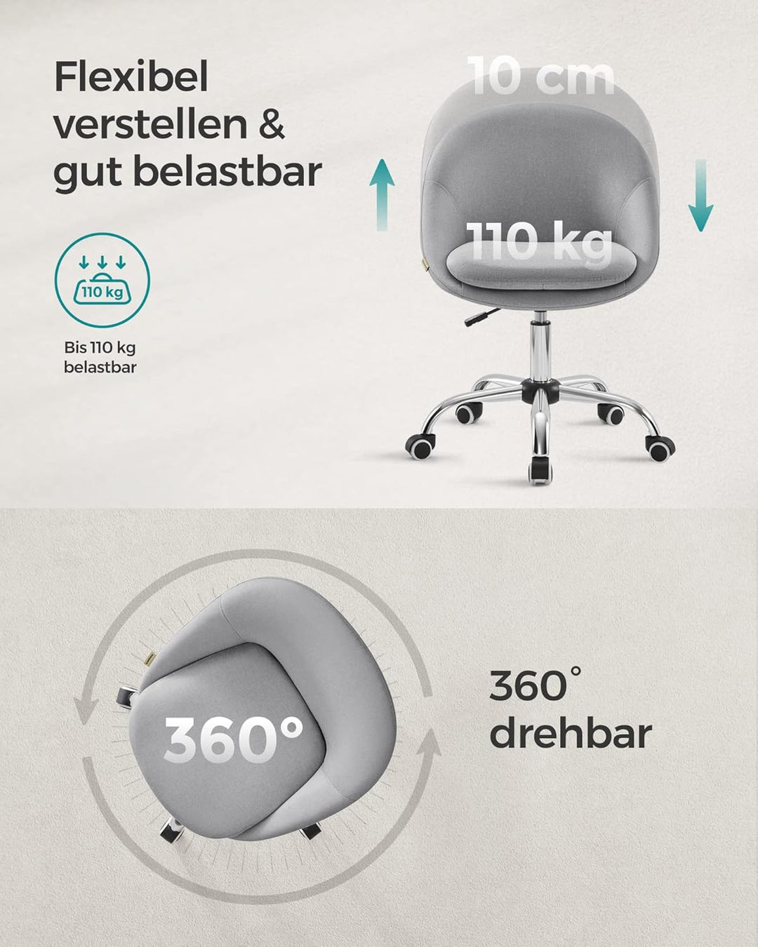 SONGMICS Homeoffice Stuhl, Drehstuhl, Schreibtischstuhl, Schaumstoffpolsterung, höhenverstellbar, fü