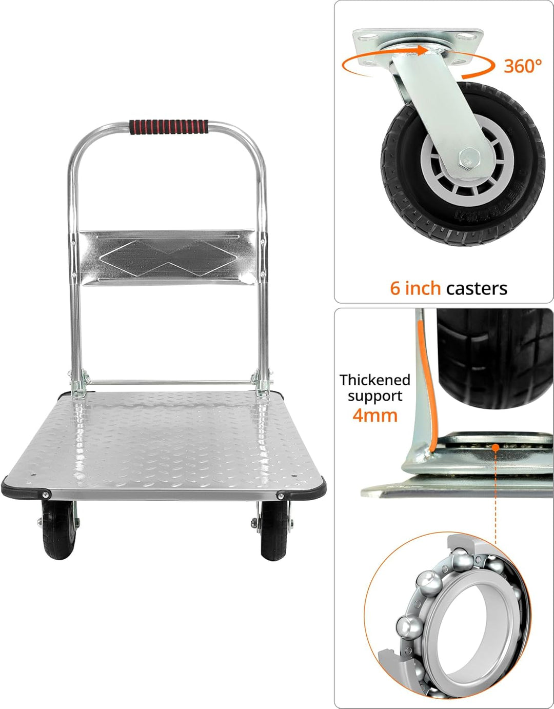QWORK® Robuster Klappbarer Plattformwagen, mit 1100 kg Tragkraft, 90 * 60cm und Geräuschlosen Gummir