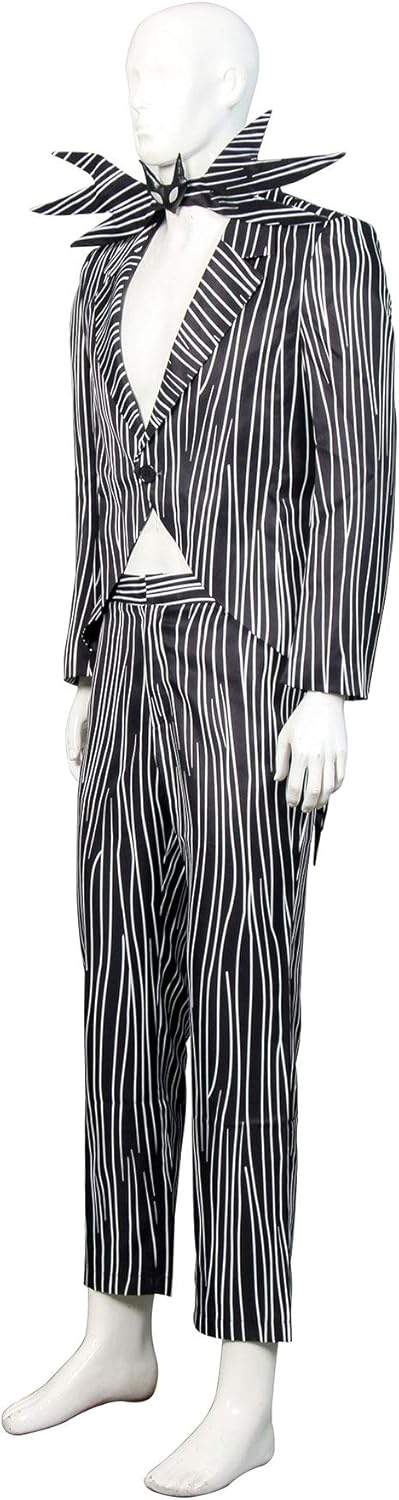 NUWIND Jack Skellington Herren Halloween Cosplay Kostüm Gestreifter Anzug mit Hose Fledermaus Fliege