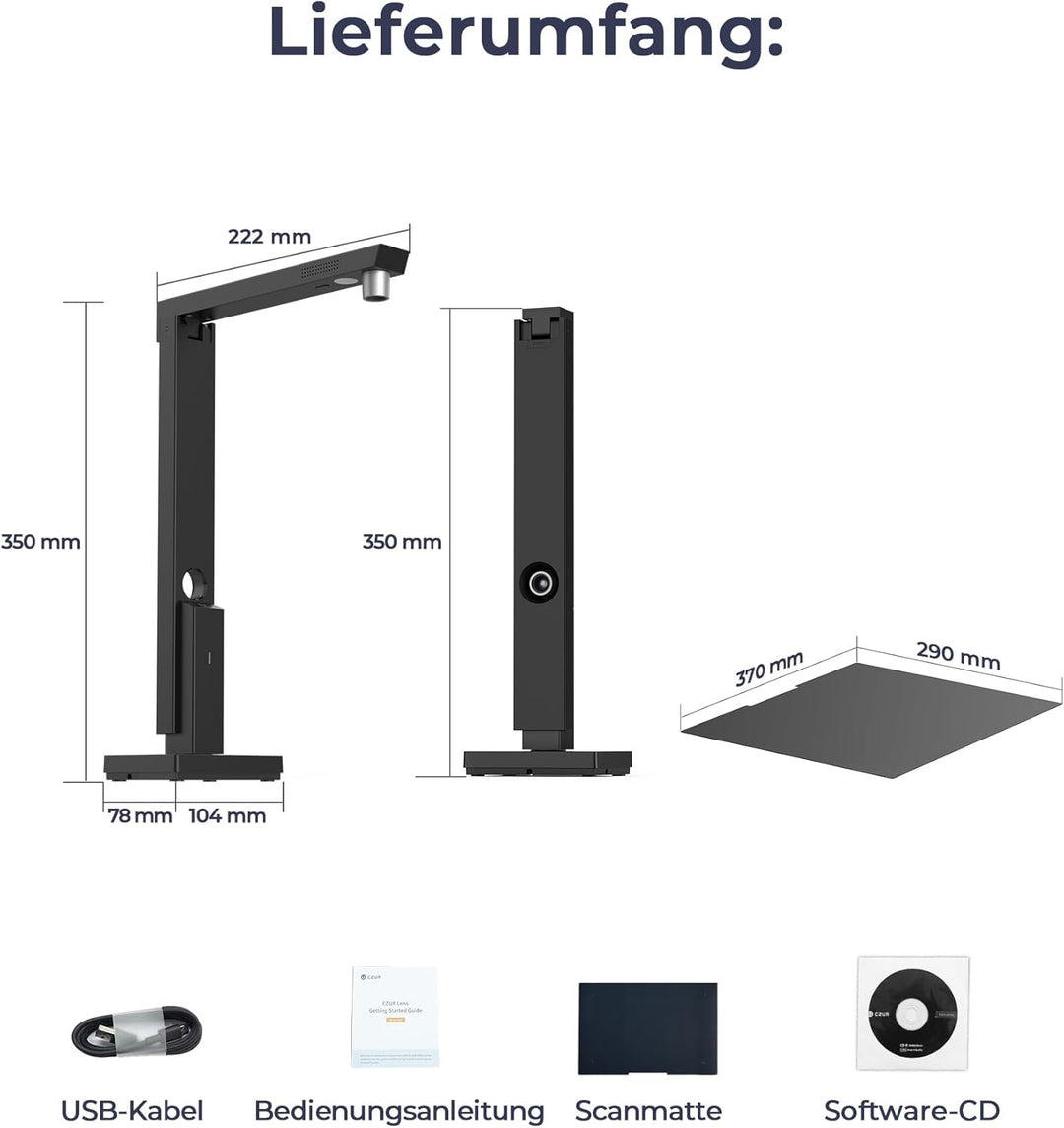 CZUR Lens Pro 12MP USB-DocumentenKamera und Visualizer, Faltbarer Dokumentenscanner mit OCR, Mobiler