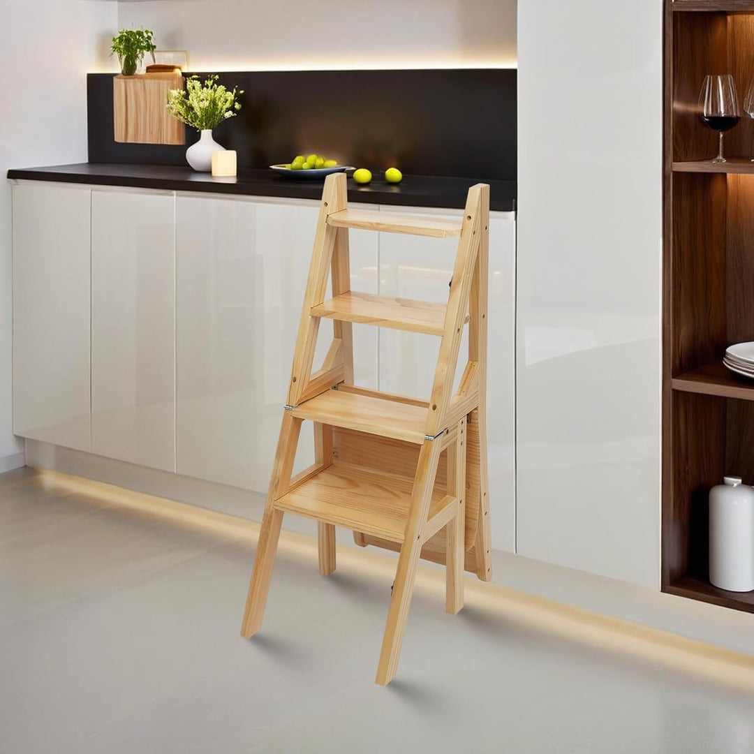 QIERF 4-Stufen Klappbarer Tritthocker 2-in-1 Holz Trittleiter und Stuhl Klappbar Holztrittleiter 100