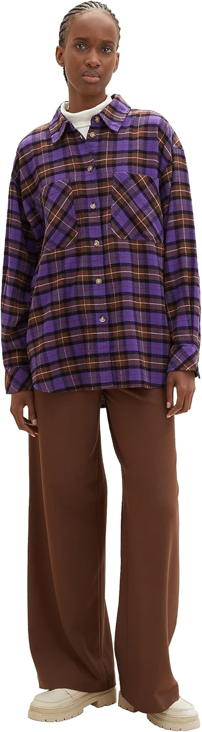 TOM TAILOR Denim Damen Oversized Flanell Bluse mit Karomuster M 32415 - Lilac Check, M 32415 - Lilac