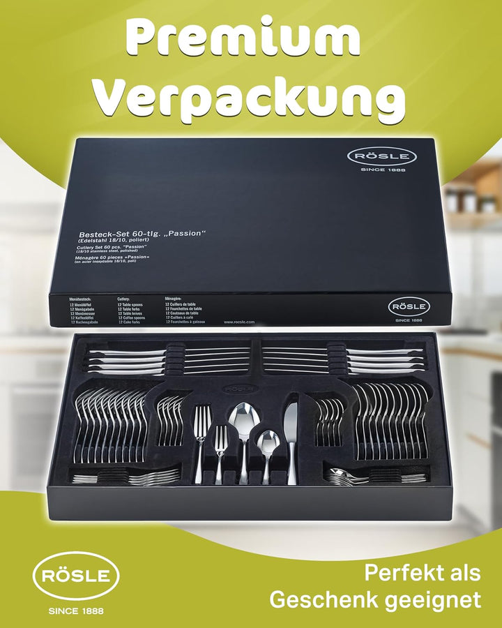 RÖSLE ELEGANCE Besteck 60-teilig, Hochwertiges Essbesteckset für 12 Personen aus Edelstahl 18/10, Kl