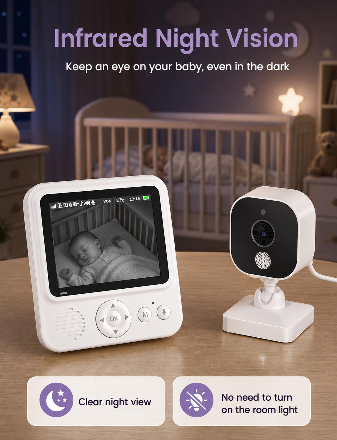 BURNNOVE Babyphone mit Kamera ohne WLAN, 2,8 Zoll IPS 720P, 96H VOX | Split Screen, Bewegungserkennu