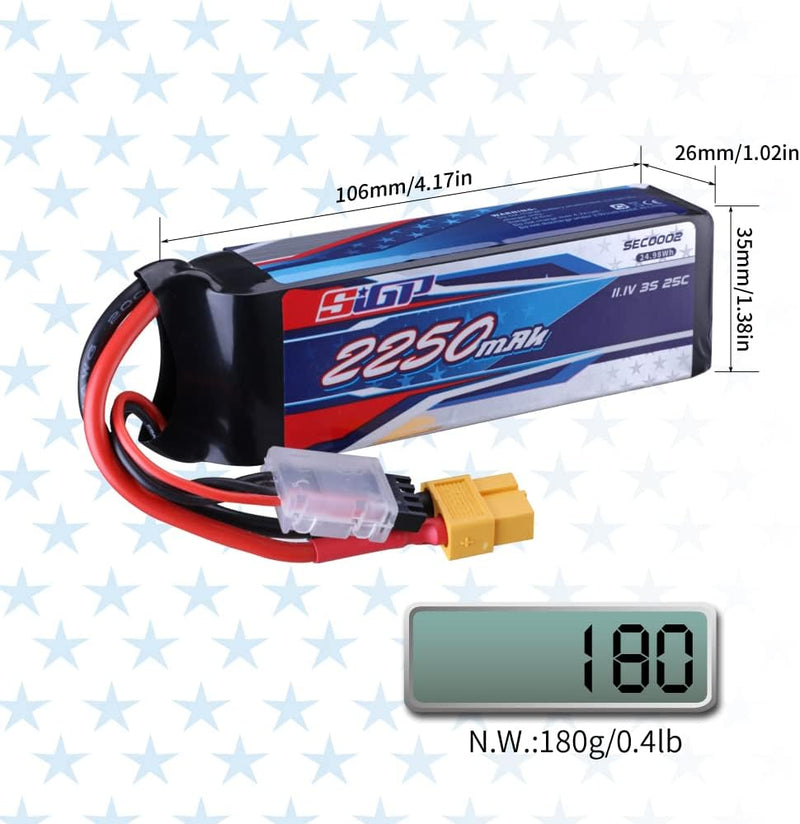 SIGP 3S 11,1V Lipo Akku 2250mAh 25C mit XT60-Stecker für RC Fahrzeuge,Auto,Tank,LKW,Boot,Truggy Raci