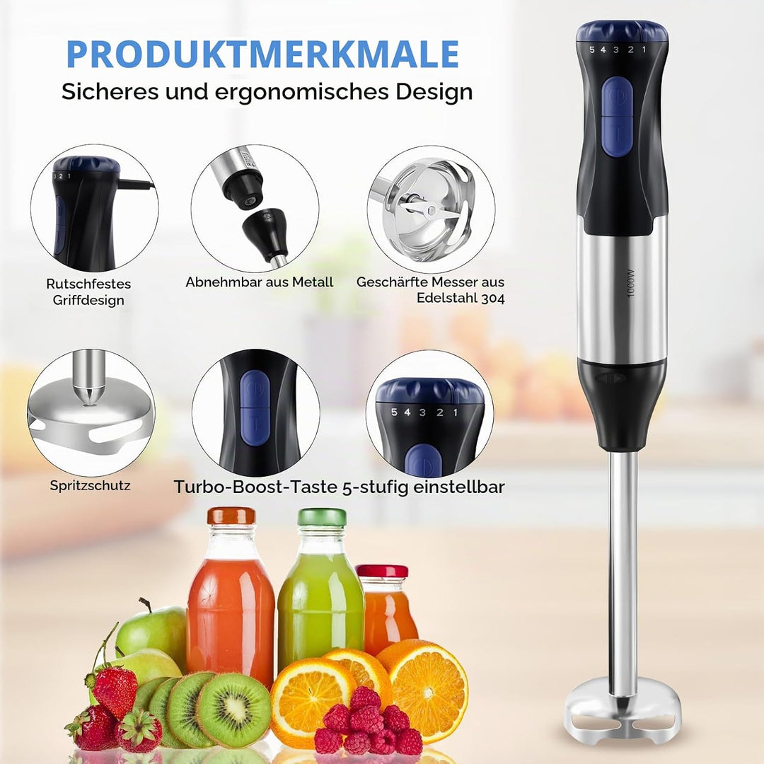 4-in-1 Stabmixer Edelstahl, 1000W Pürierstab mit 5 Geschwindigkeiten und Turbo-Modi, Schneebesen, 50