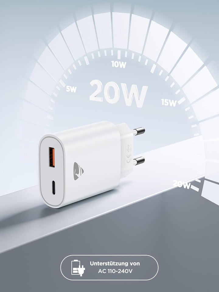USB C Ladegerät, 2er Pack 20W Schnellladegerät mit 2-Fach USB Stecker (USB-C & USB-A), Handy Ladeger