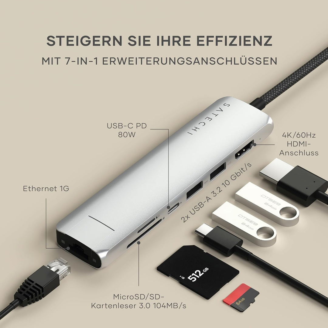 SATECHI 7-in-1 USB-C Hub Slim Plus, HDMI 4K mit 60Hz, 100W PD, 2X USB-A, Ethernet, SD/MicroSD – Für