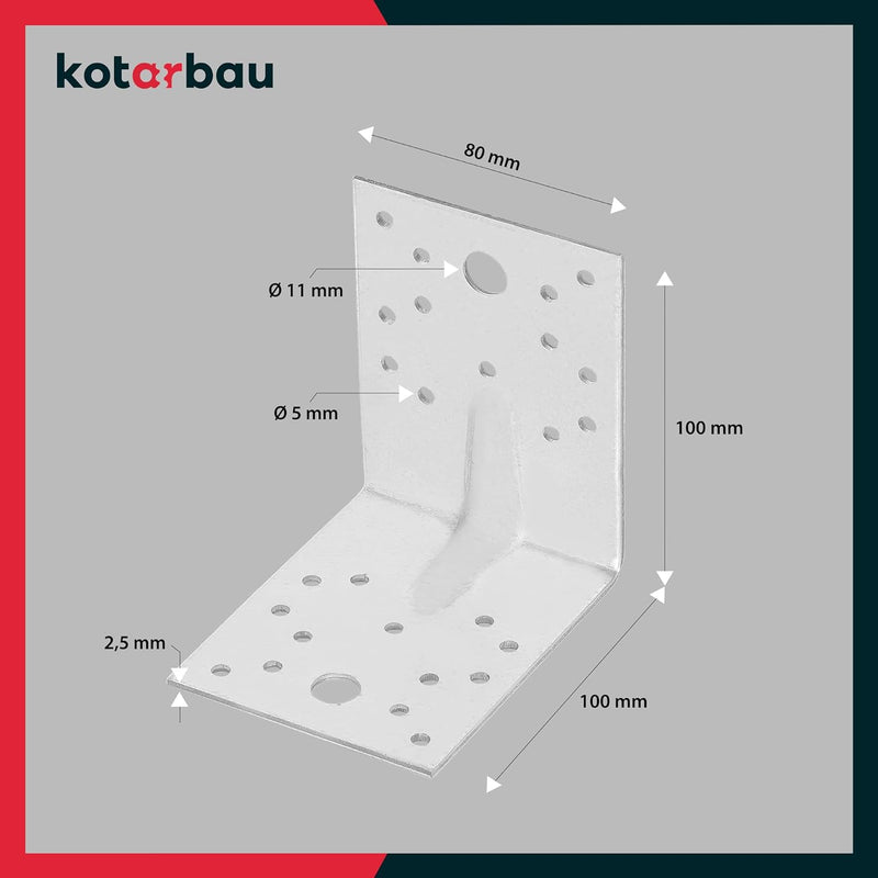 KOTARBAU® 25 Stk. Winkelverbinder 100x100x80 mm mit Rippe Sicke Lochwinkel Bauwinkel Holzverbinder B