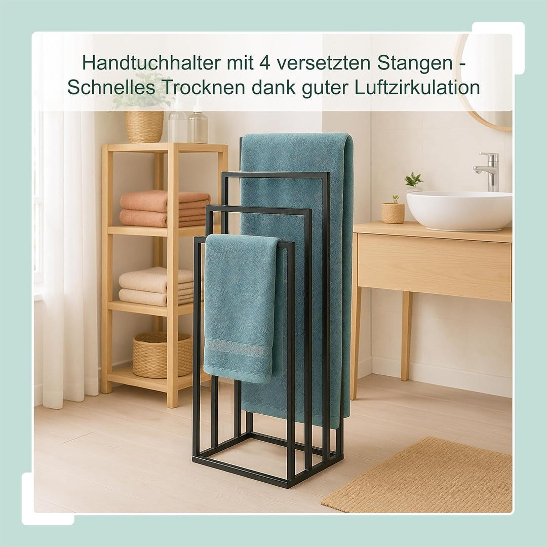 Relaxdays Handtuchständer, HxBxT: 96,5 x 45 x 29 cm, Metall, 4 Stangen, stehender Handtuchhalter, Ba