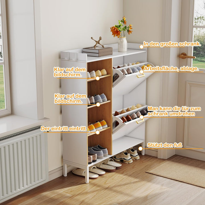 Schuhschrank mit 2 Klappen, Schuhkipper Schmal mit 3 Offenes Fach und Metallfüssen, Schuhkipper Schu