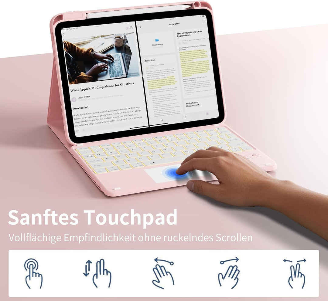 Hülle mit Tastatur für iPad A16 11/10 Generation mit Touchpad, Rosa | 360° Hülle mit Standfunktion,