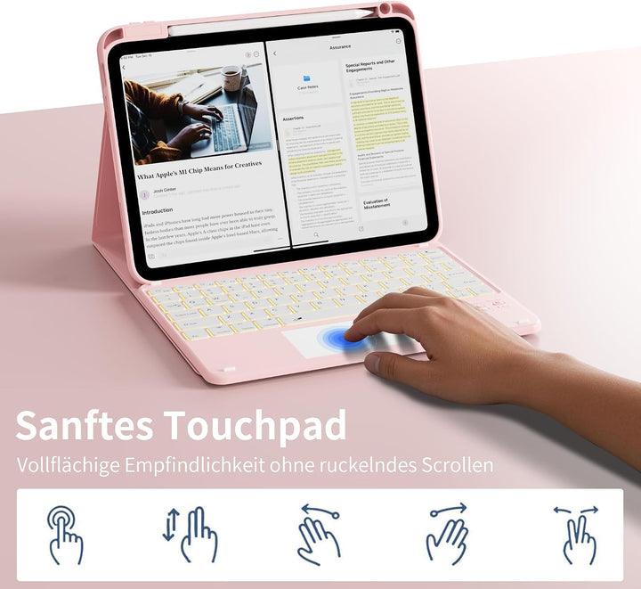 Hülle mit Tastatur für iPad A16 11/10 Generation mit Touchpad, Rosa | 360° Hülle mit Standfunktion,