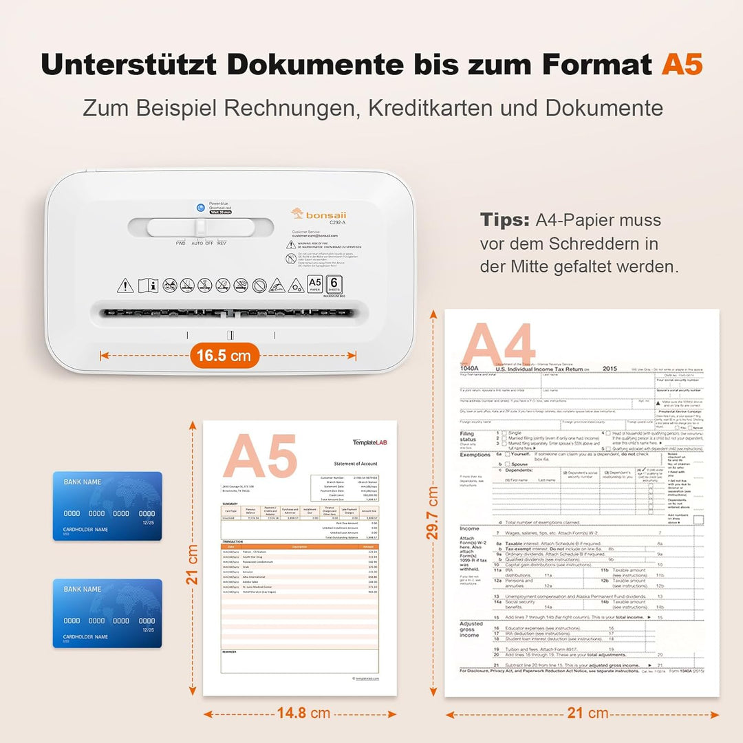 Bonsaii Aktenvernichter, 6 Blatt (A5) Kreuzschnitt, P-4 Hochsicherheit mit 6L Behälter, für Papier,