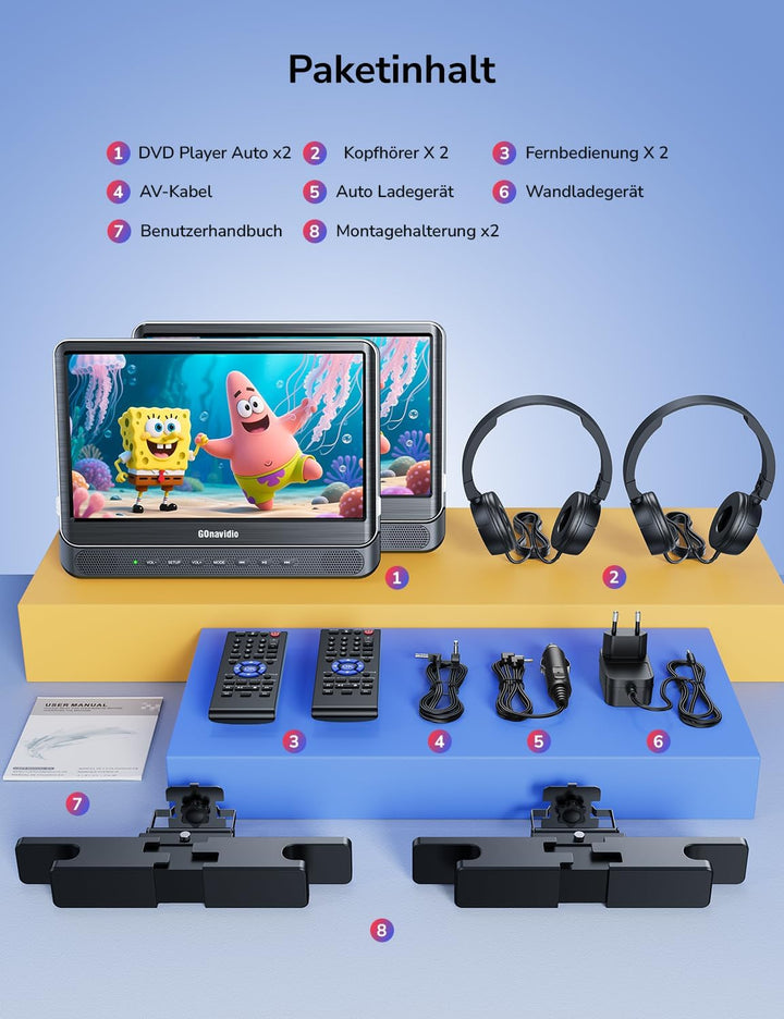 12" DVD Player Auto 2 Bildschirme mit 1080P HDMI-Eingang, Tragbarer Fernseher Kopfstütze 2 Monitore