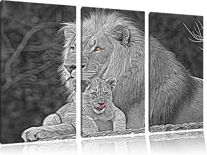 liebevolle Löwe kuschelt mit kleinem Jungtier schwarz/weiss Deluxe 3-Teiler Leinwandbild 120x80 Bild