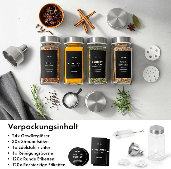 EDELHAUS® Gewürzgläser Set (24 Stück) mit 240 Aufklebern, Marker und Trichter - Hochwertige Glasbehä