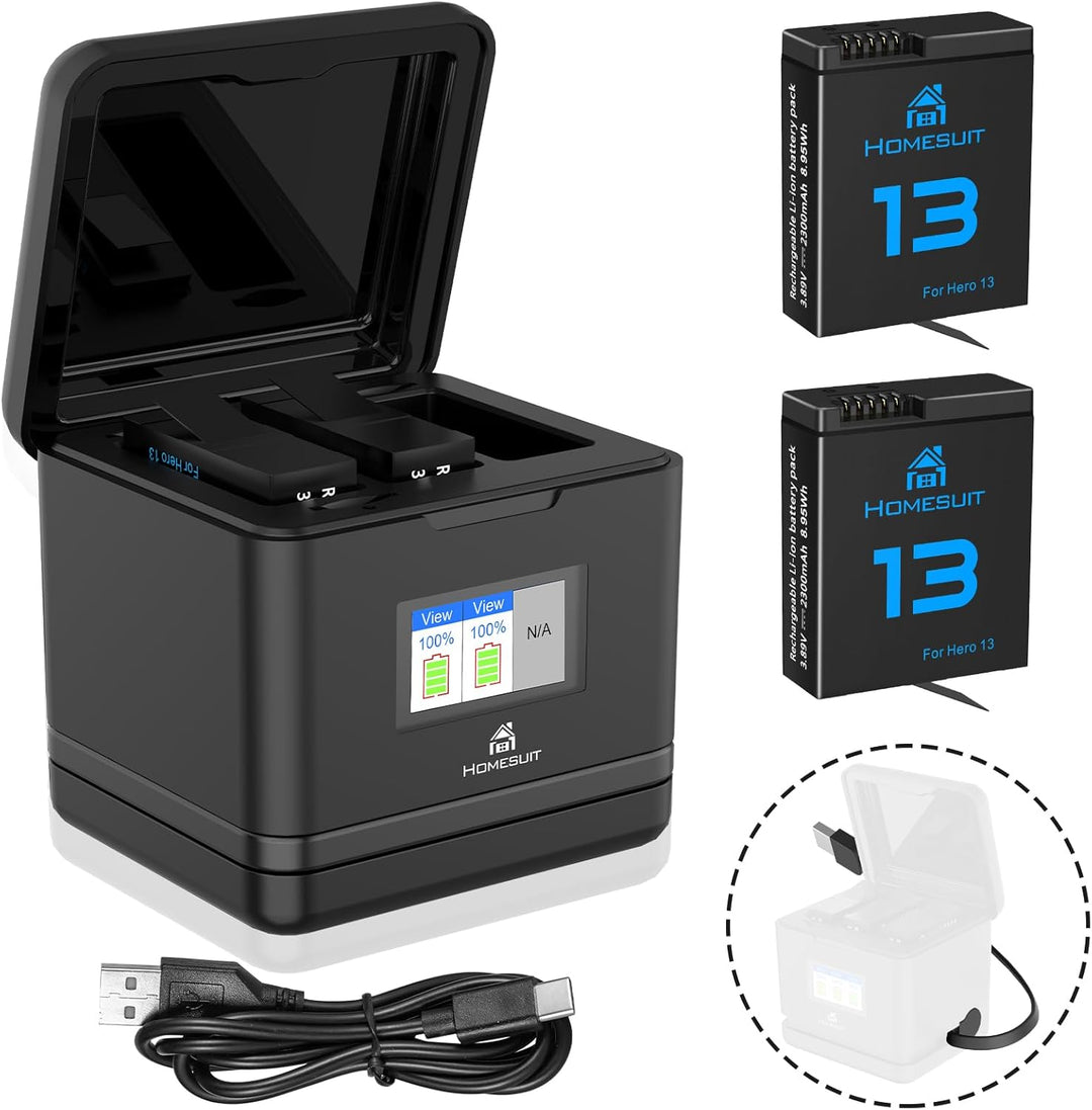 Homesuit Hero 13 Akku 2300mAh und LCD 3-Kanal USB Speicherladegerät für GoPro Hero 13 Black Enduro W
