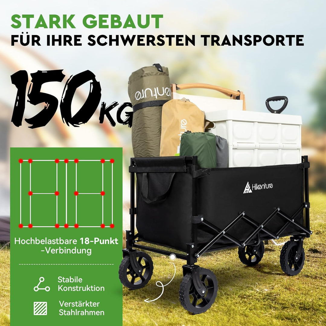 HIKENTURE Bollerwagen Faltbar mit Bremen - 140 Liter Volumen &amp; 150KG belastbar - Extrem Faltbarer Bo