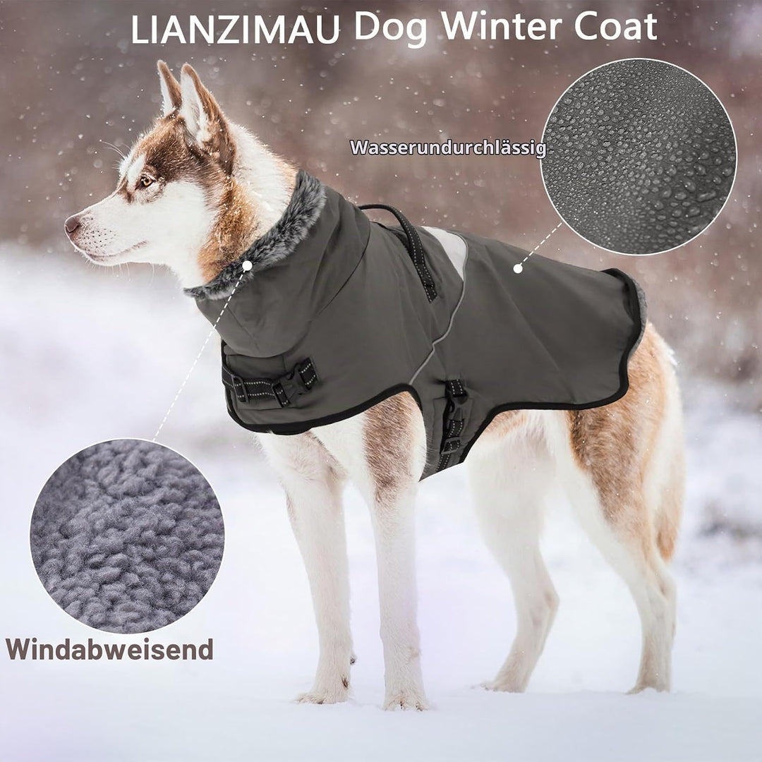 LIANZIMAU Wasserdichter Hundemantel mit Geschirr Wintermantel Hundepullover Fleece Reflektierende Hu