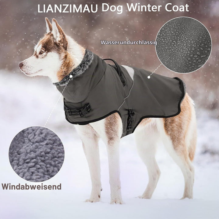 LIANZIMAU Wasserdichter Hundemantel mit Geschirr Wintermantel Hundepullover Fleece Reflektierende Hu