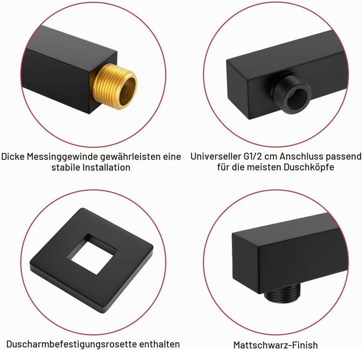 Rainsworth Brausearm Wandarm Duscharm für Regenduschkopf Quadratisch 400MM, Messing, Schwarz, 16 inc