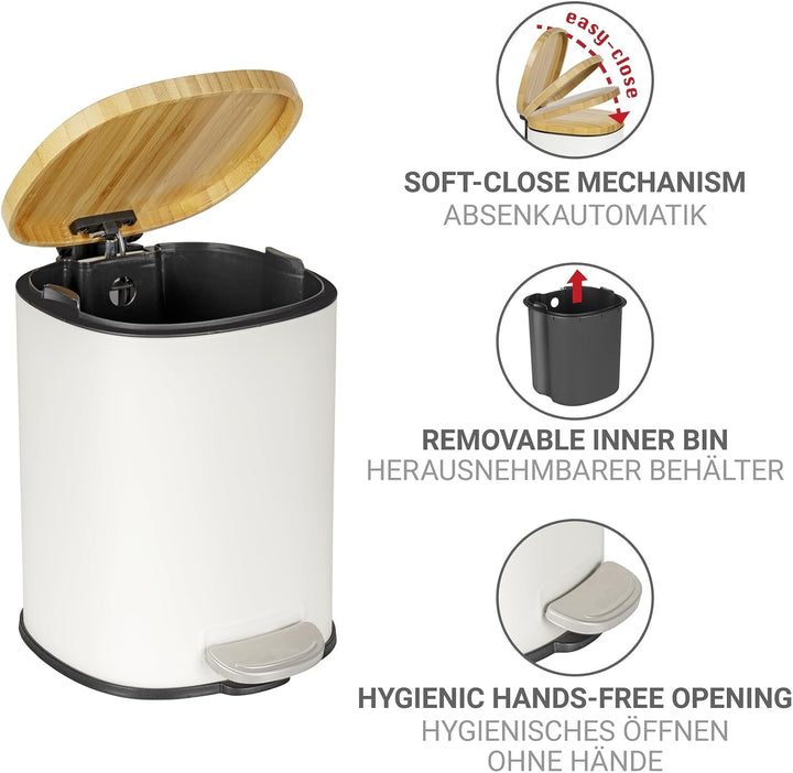 WENKO Kosmetikeimer Mod. Fianema Treteimer 3L weiss mit Bambusdeckel Easy-Close Absenkautomatik Meta