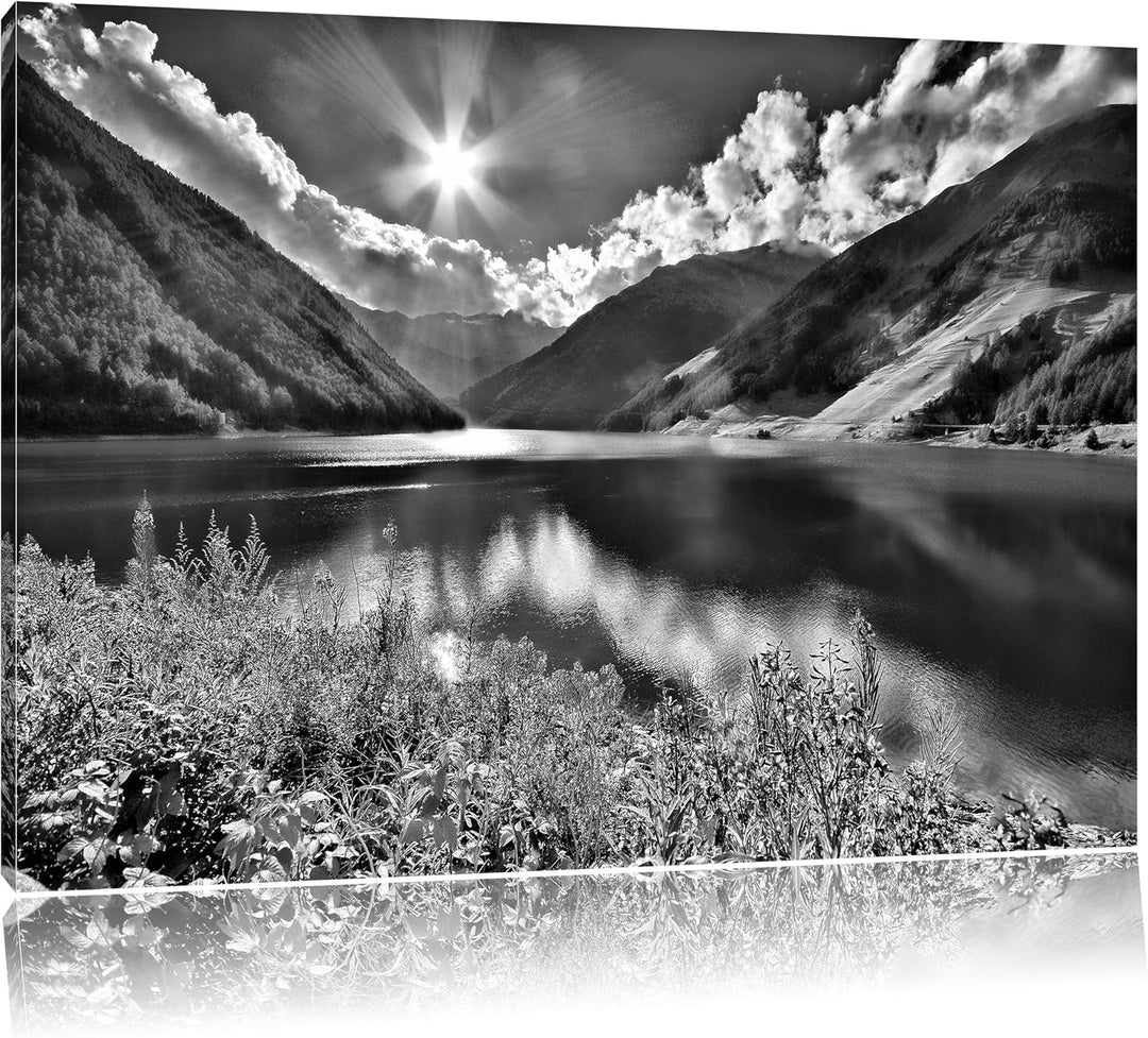 Pixxprint Blumenwiese Bergsee / 100x70cm Leinwandbild bespannt auf Holzrahmen/Wandbild Kunstdruck De