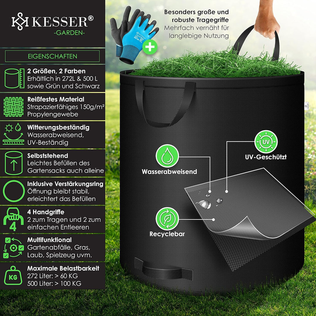 KESSER® Gartensack 3x 272L Set Laubsack Gartenabfallsack inkl. Handschuhe - Selbststehend 4 Griffe S