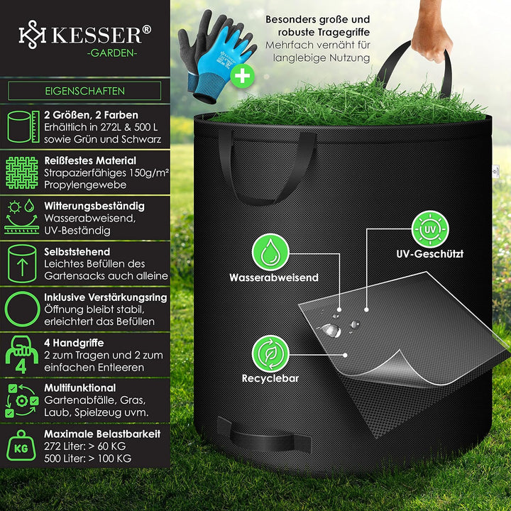KESSER® Gartensack 3x 272L Set Laubsack Gartenabfallsack inkl. Handschuhe - Selbststehend 4 Griffe S