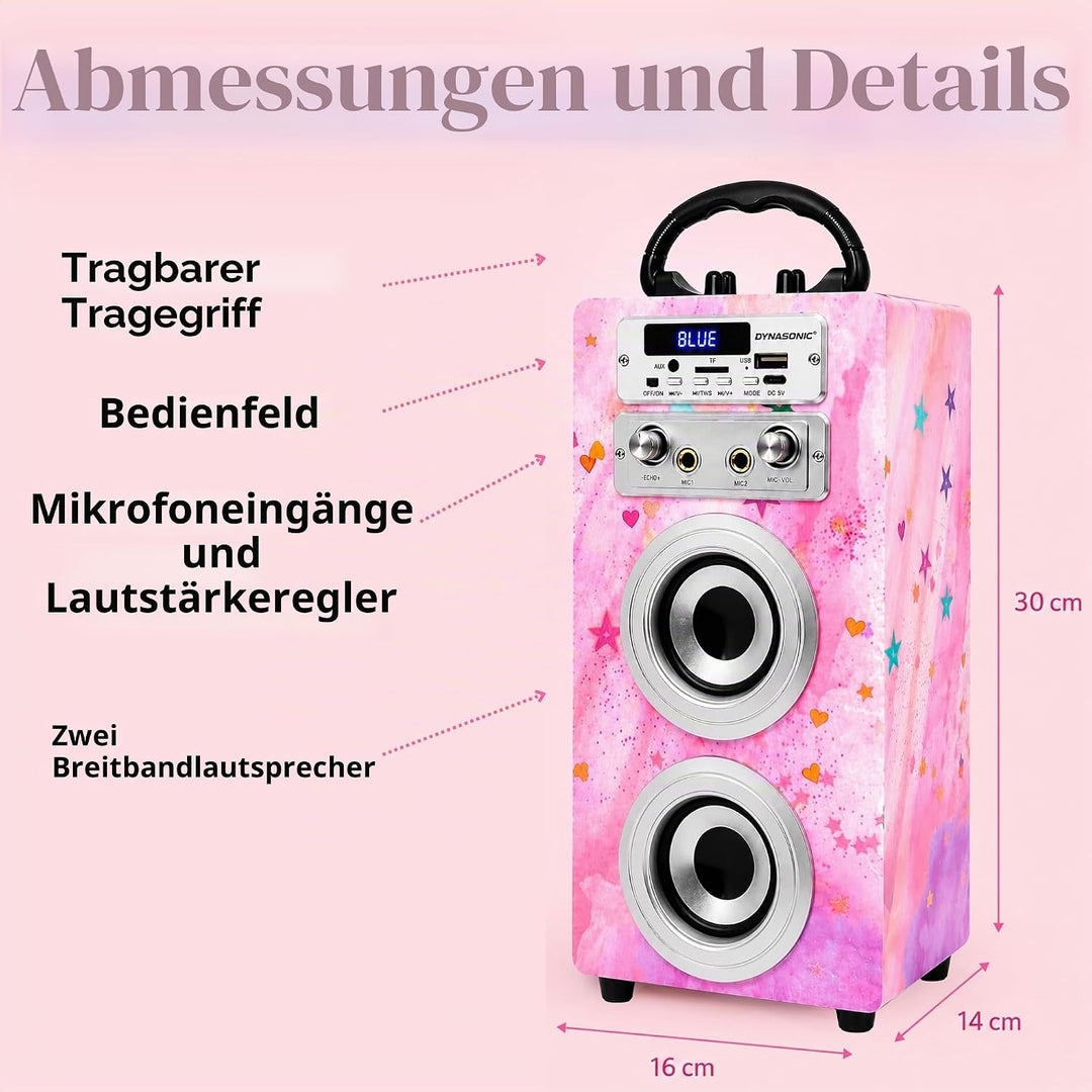 DYNASONIC Karaoke mit 2 Mikrofonen, tragbarer Karaoke-Maschine, Bluetooth-Lautsprecher, USB- und SD-