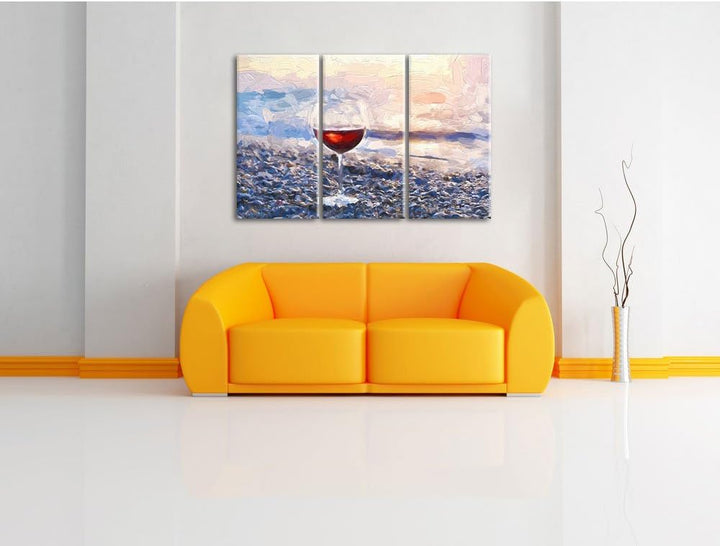 Pixxprint Weinglas am Steinstrand Pinsel Effekt 3-Teiler Leinwandbild 120x80 Bild auf Leinwand