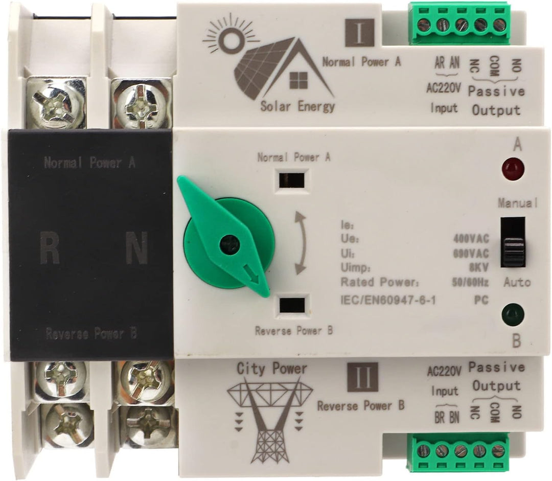 Dual Power Automatischer Transferschalter AC 230V 2P 63A ATS PC Hutschiene Notstrom Netz Umschalter