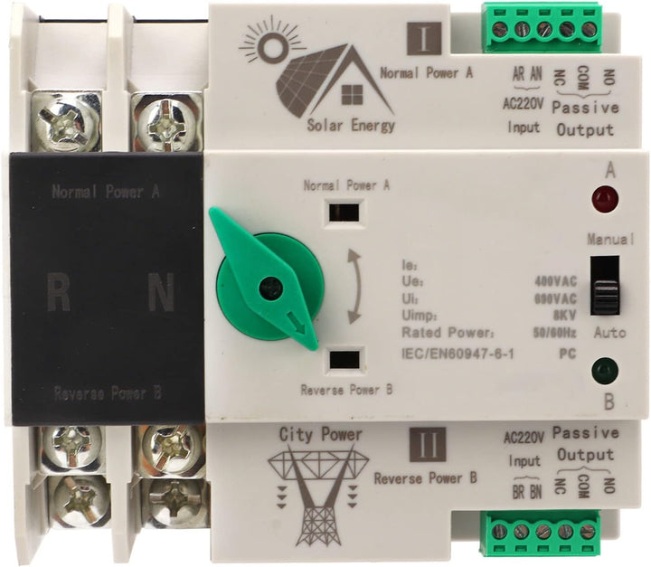 Dual Power Automatischer Transferschalter AC 230V 2P 63A ATS PC Hutschiene Notstrom Netz Umschalter