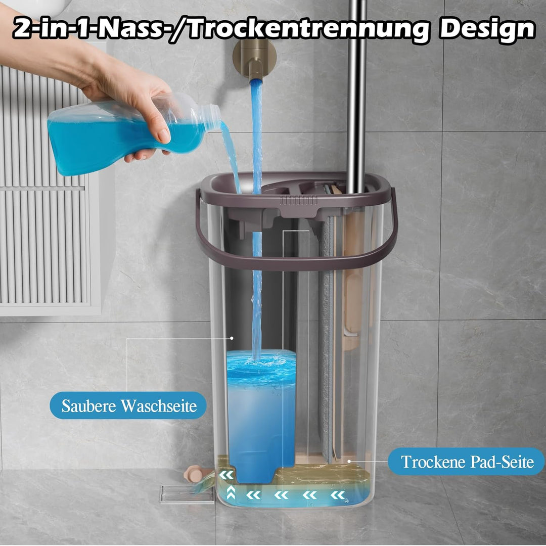 MASTERTOP Flach Mopp mit Eimer und 6 Mikrofaser Moppkopf, Hand-Frei Wischmop & Bodenwischer mit ausw