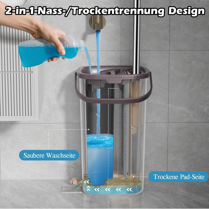 MASTERTOP Flach Mopp mit Eimer und 6 Mikrofaser Moppkopf, Hand-Frei Wischmop & Bodenwischer mit ausw