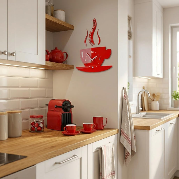 FLEXISTYLE Tasse Time for Coffee (Zeit für Kaffee) Moderne Küche Wanduhr rot, 3D römisch, wanduhr de