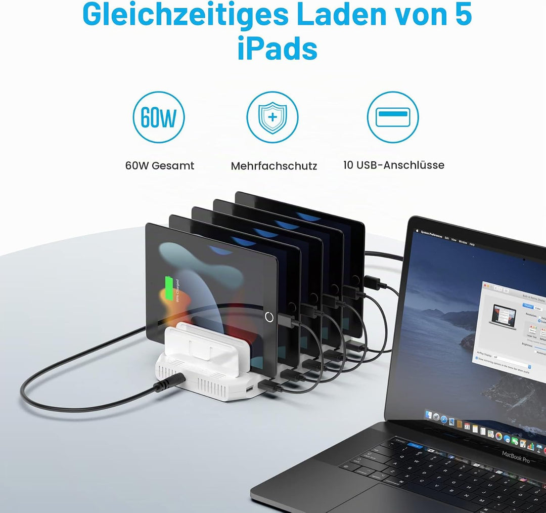 Unitek 60W Handy Ladestation Mehrfach 10 Ports, USB Ladestation für mehrere Geräte mit SmartIC Techn