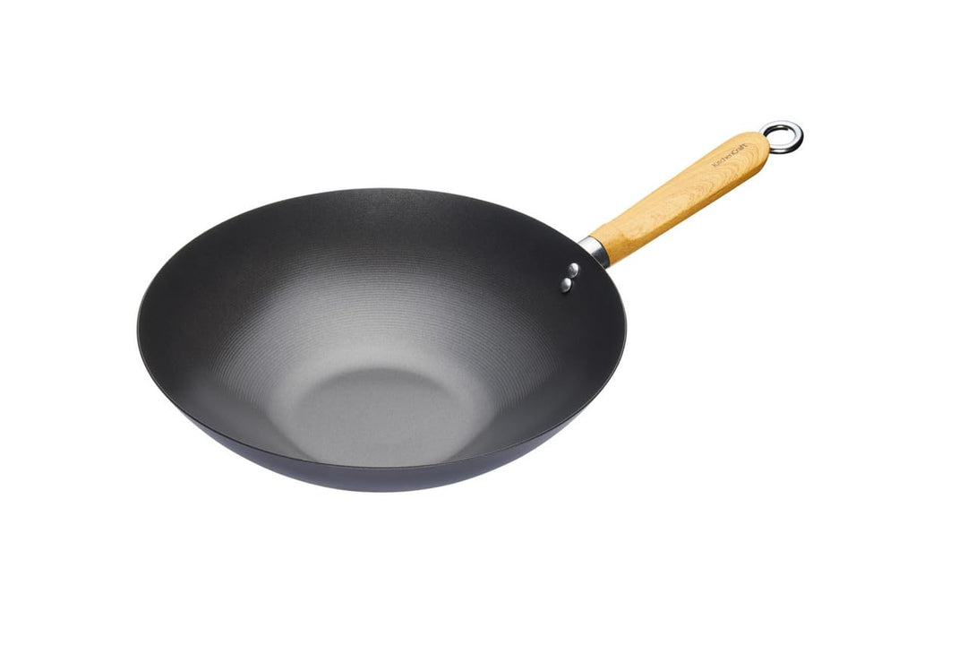 KitchenCraft World of Flavours Antihaft-Wok mit Holzgriffen, induktionsgeeignet, Kohlenstoffstahl, 3